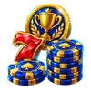 Casino chip stacks with a gold trophy coin and red seven