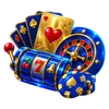 Blue slot reel, playing card and roulette chip