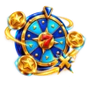 Blue spinning wheel with golden coins and a red seven