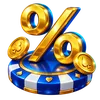 Golden percentage symbol on a blue casino chip